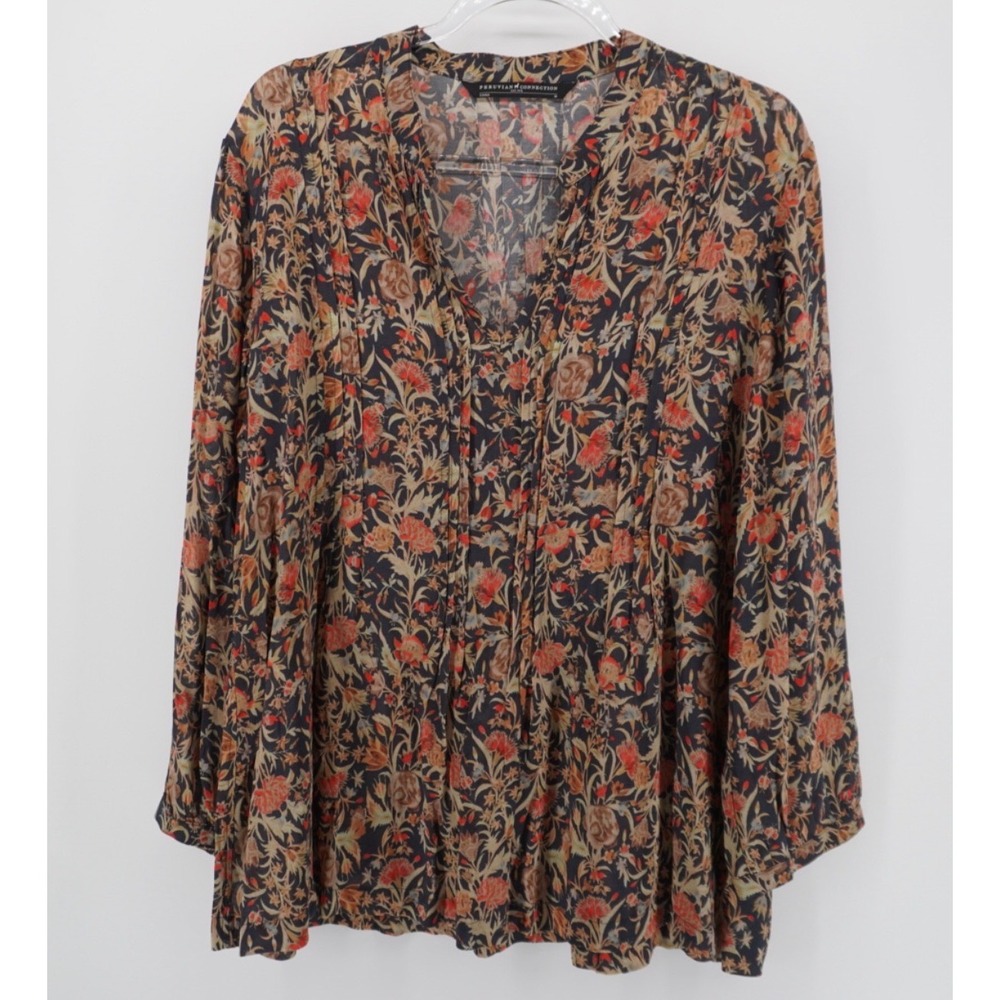Peruvian Connection Floral Pintuck Blouse V-Neck Navy Rust Boho Medium